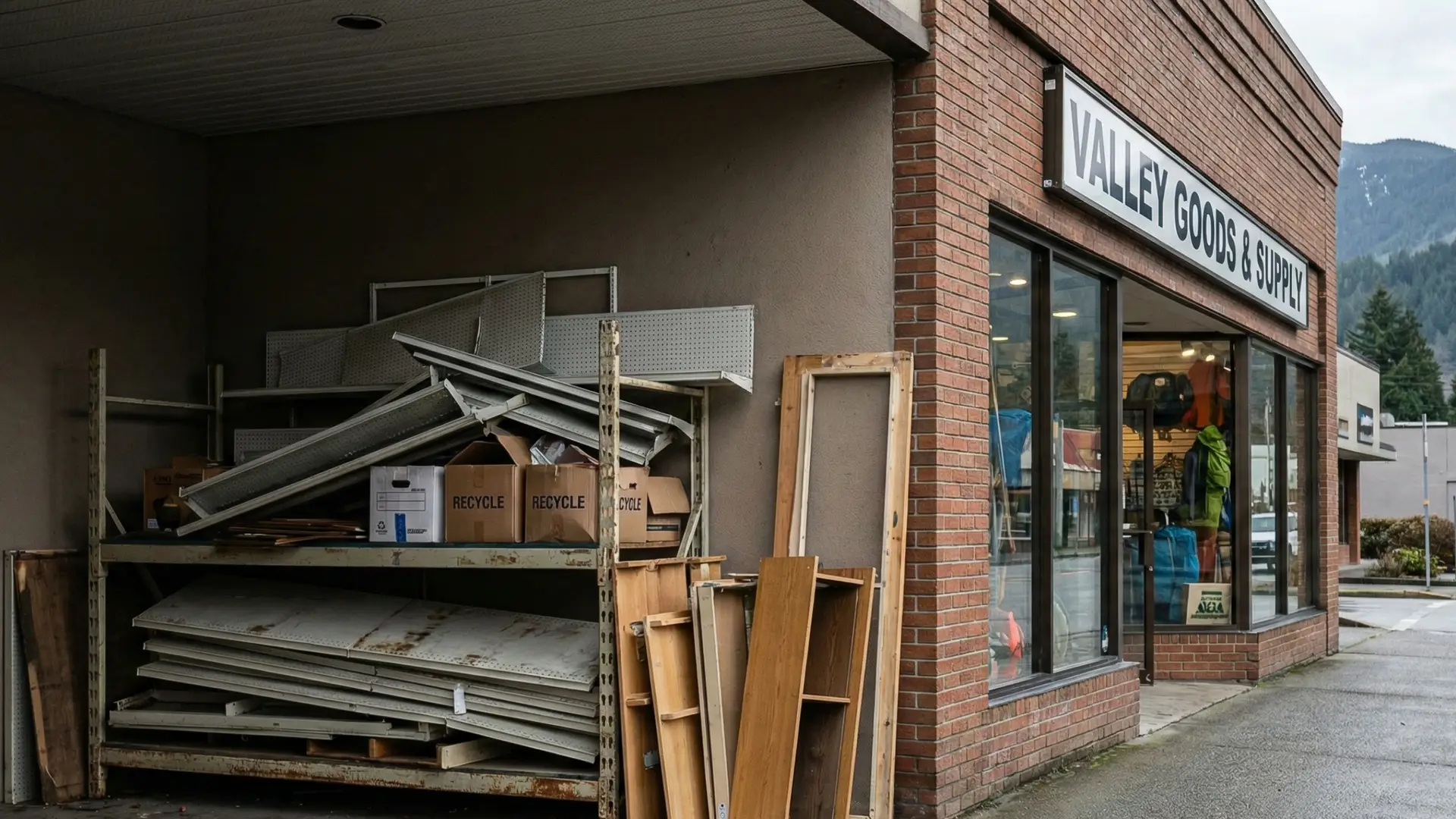 Wood, metal, cardboard boxes and e-waste stacked on a broken metal shelf outside a business in the Fraser Valley.