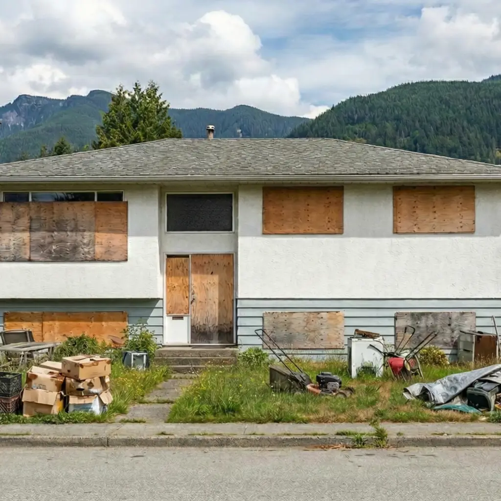 a foreclosed house with boarded up windows, with a bunch of boxes and other junk outside on a rough looking lawn in Abbotsford.