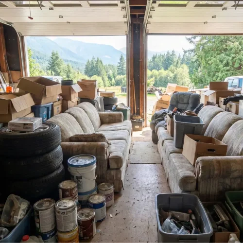 garage-cleanout-services A garage in a Chilliwack home overflowing with boxes, furniture, tires, paint cans and other miscellaneous junk.